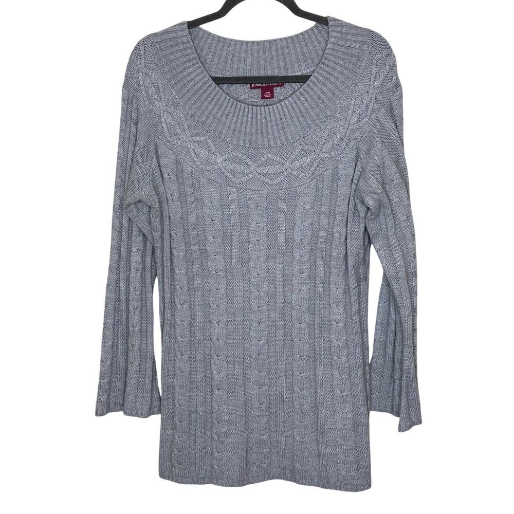 Jessica London Gray Cable Sweater Tunic Long Trumpet Sleeves Winter Comfy 16